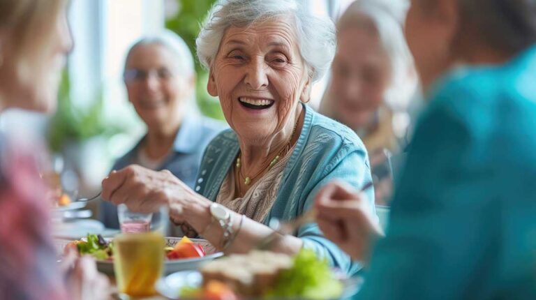 Older adults seated in a cozy common room playing cards, chatting, and engaging in creative crafts together.